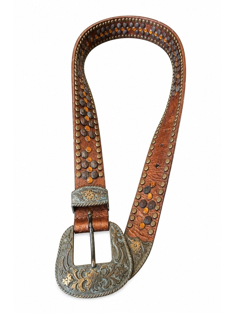 Italian Leather Western Belt Studded Rhinestone Oversized Buckle 40"